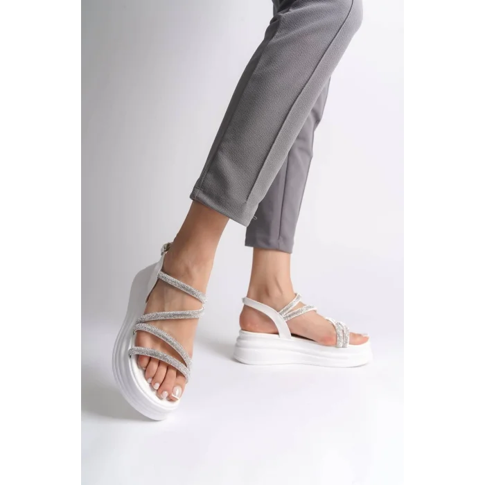 RILEY İnce Tokalı Taşlı Şeritli Ortopedik Taban Kadın Sandalet BT - Beyaz