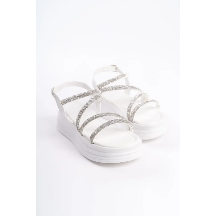 RILEY İnce Tokalı Taşlı Şeritli Ortopedik Taban Kadın Sandalet BT - Beyaz