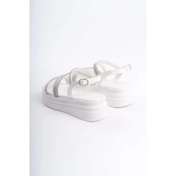 RILEY İnce Tokalı Taşlı Şeritli Ortopedik Taban Kadın Sandalet BT - Beyaz