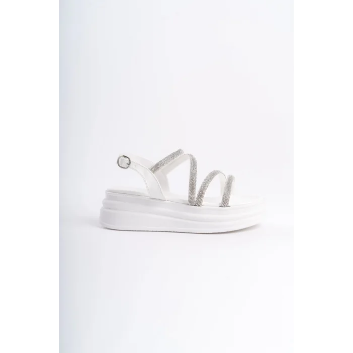 RILEY İnce Tokalı Taşlı Şeritli Ortopedik Taban Kadın Sandalet BT - Beyaz