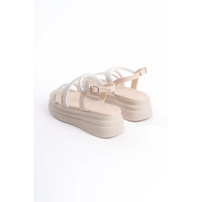 RILEY İnce Tokalı Taşlı Şeritli Ortopedik Taban Kadın Sandalet  KT - Krem