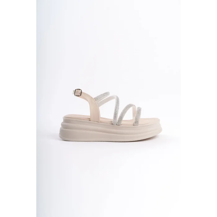 RILEY İnce Tokalı Taşlı Şeritli Ortopedik Taban Kadın Sandalet  KT - Krem