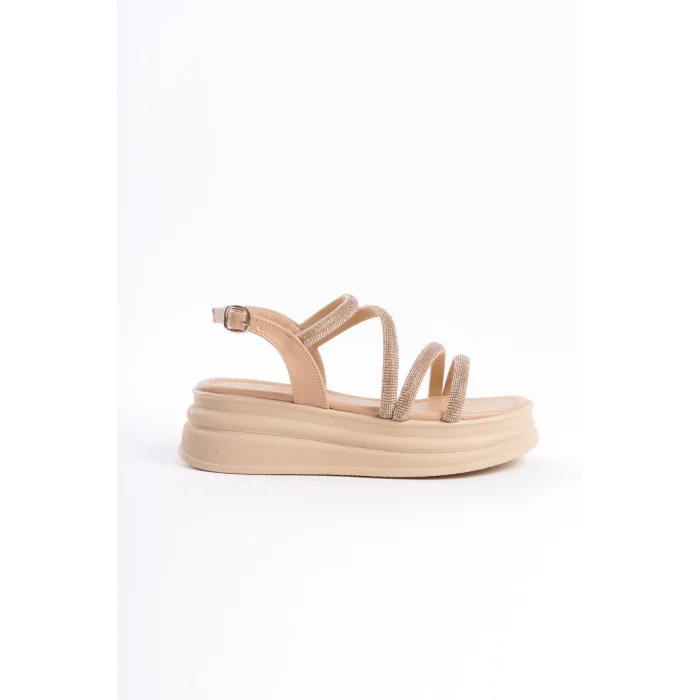 RILEY İnce Tokalı Taşlı Şeritli Ortopedik Taban Kadın Sandalet TT - Ten