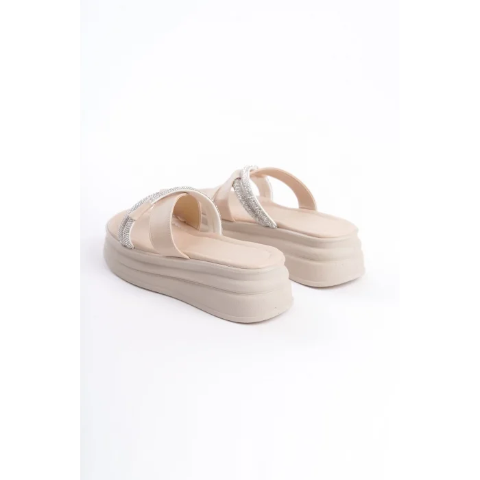 RUBY Düz Topuklu Taşlı Çapraz Şeritli Kalın ve Ortopedik Taban Kadın Terlik  KT - Krem