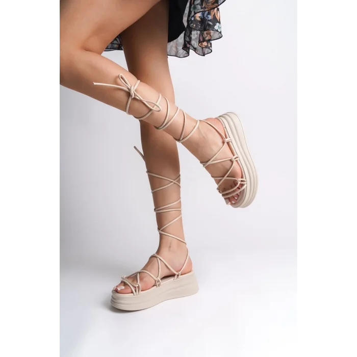 SAMANTHA Bilekten Bağlamalı Ortopedik Taban Kadın Terlik  KT - Krem