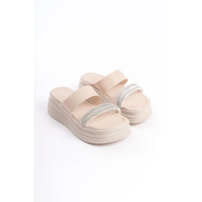 SARAH Düz Topuklu Taşlı Şeritli Kalın ve Ortopedik Taban Kadın Terlik  KT - Krem