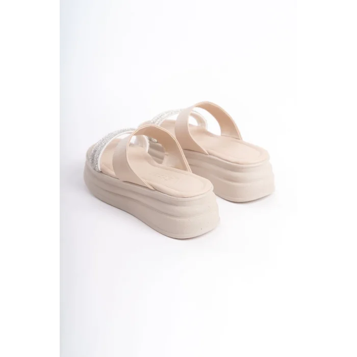 SARAH Düz Topuklu Taşlı Şeritli Kalın ve Ortopedik Taban Kadın Terlik  KT - Krem