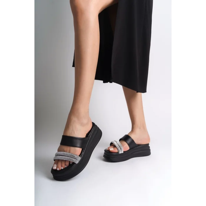 SARAH Düz Topuklu Taşlı Şeritli Kalın ve Ortopedik Taban Kadın Terlik ST - Siyah