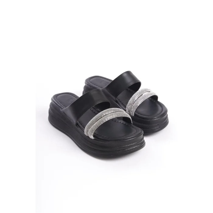 SARAH Düz Topuklu Taşlı Şeritli Kalın ve Ortopedik Taban Kadın Terlik ST - Siyah