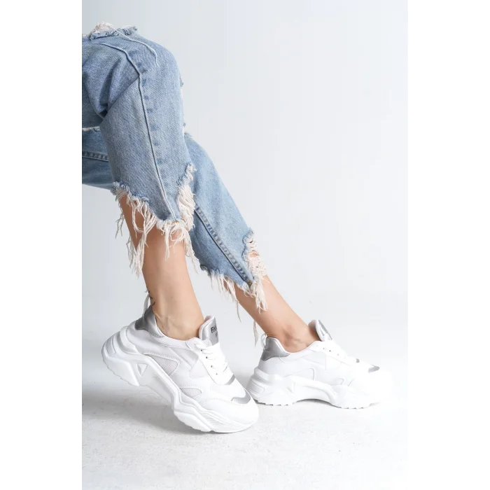 TOKYO Bağcıklı Ortopedik Taban Triko Detaylı Kadın Spor Ayakkabı  BT - Beyaz/Gri