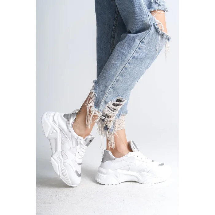 TOKYO Bağcıklı Ortopedik Taban Triko Detaylı Kadın Spor Ayakkabı  BT - Beyaz/Gri