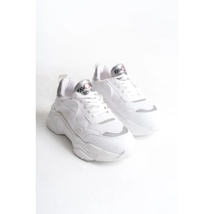 TOKYO Bağcıklı Ortopedik Taban Triko Detaylı Kadın Spor Ayakkabı  BT - Beyaz/Gri