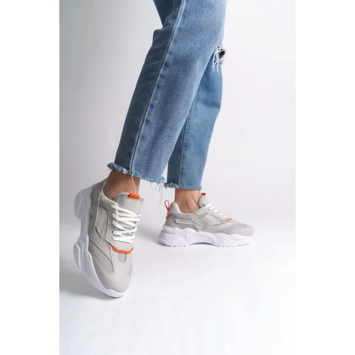 TOKYO Bağcıklı Ortopedik Taban Triko Detaylı Kadın Spor Ayakkabı  BT - Gri/Turuncu