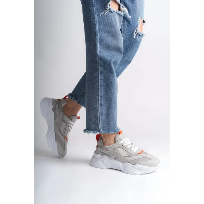 TOKYO Bağcıklı Ortopedik Taban Triko Detaylı Kadın Spor Ayakkabı  BT - Gri/Turuncu