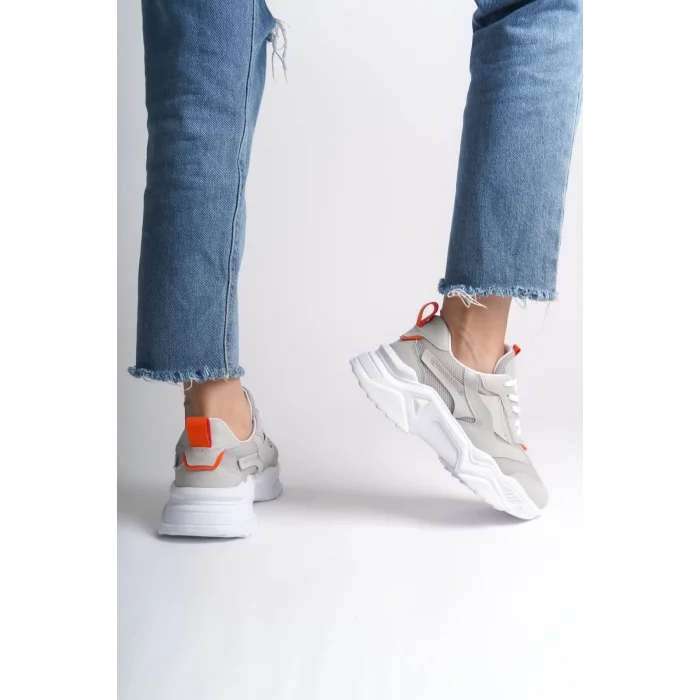 TOKYO Bağcıklı Ortopedik Taban Triko Detaylı Kadın Spor Ayakkabı  BT - Gri/Turuncu