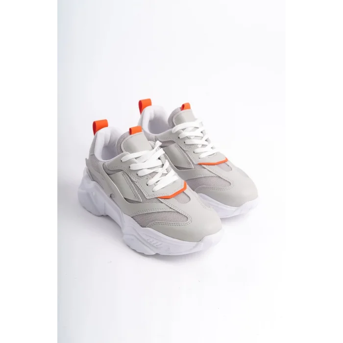 TOKYO Bağcıklı Ortopedik Taban Triko Detaylı Kadın Spor Ayakkabı  BT - Gri/Turuncu