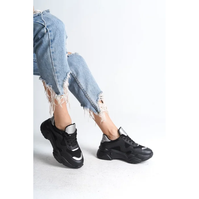 TOKYO Bağcıklı Ortopedik Taban Triko Detaylı Kadın Spor Ayakkabı  ST - Siyah/Gri