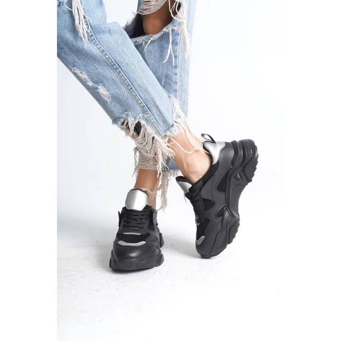 TOKYO Bağcıklı Ortopedik Taban Triko Detaylı Kadın Spor Ayakkabı  ST - Siyah/Gri
