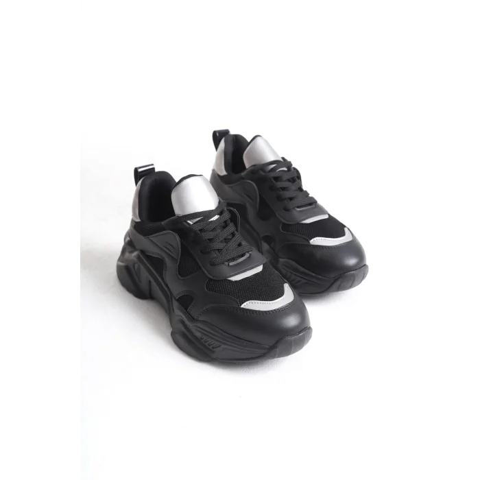 TOKYO Bağcıklı Ortopedik Taban Triko Detaylı Kadın Spor Ayakkabı  ST - Siyah/Gri