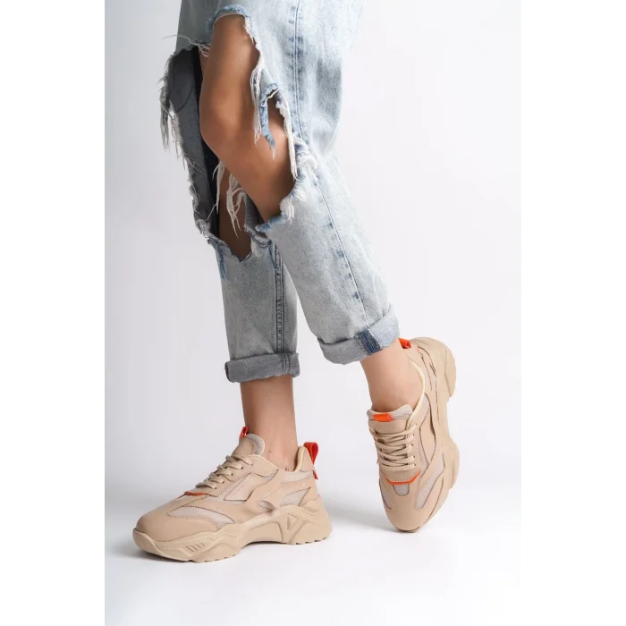 TOKYO Bağcıklı Ortopedik Taban Triko Detaylı Kadın Spor Ayakkabı  TT - Ten/Turuncu