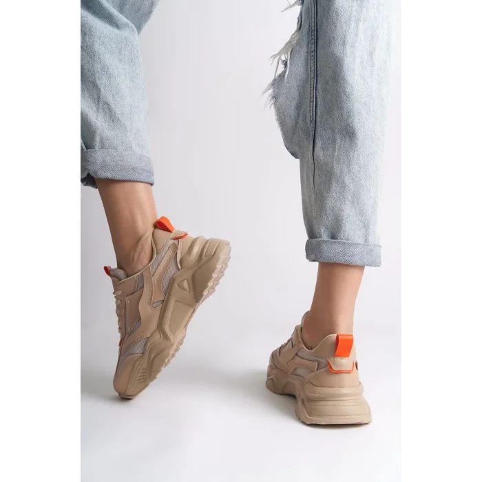 TOKYO Bağcıklı Ortopedik Taban Triko Detaylı Kadın Spor Ayakkabı  TT - Ten/Turuncu