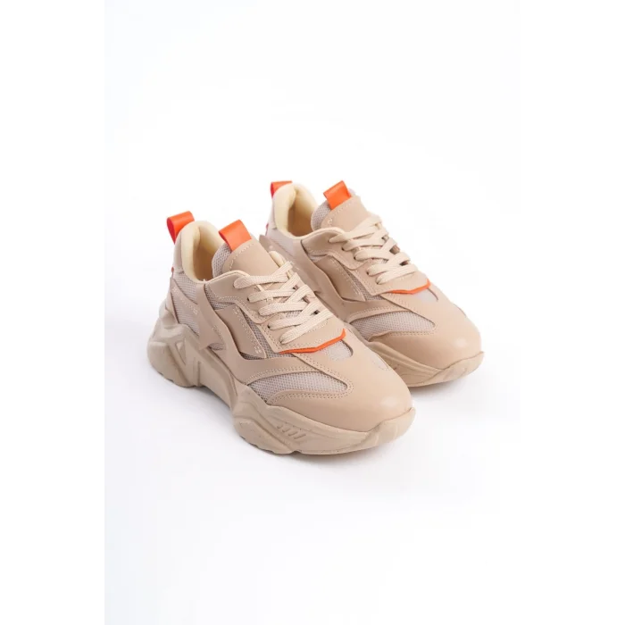 TOKYO Bağcıklı Ortopedik Taban Triko Detaylı Kadın Spor Ayakkabı  TT - Ten/Turuncu