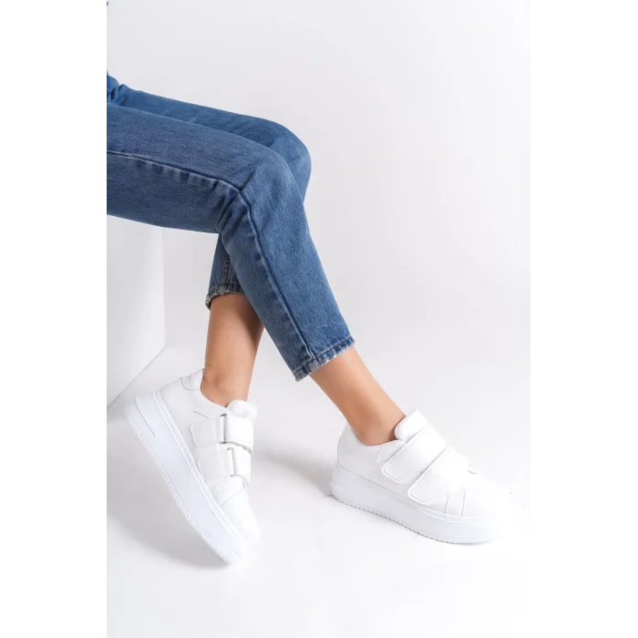 VALENCIA Bağcıksız Cırt Cırtlı Ortopedik Taban Kadın Sneaker Spor Ayakkabı BT - Beyaz