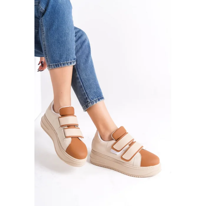 VALENCIA Bağcıksız Cırt Cırtlı Ortopedik Taban Kadın Sneaker Spor Ayakkabı TT - Ten/Kahve
