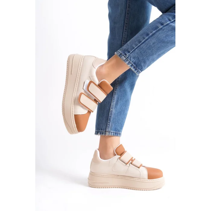 VALENCIA Bağcıksız Cırt Cırtlı Ortopedik Taban Kadın Sneaker Spor Ayakkabı TT - Ten/Kahve