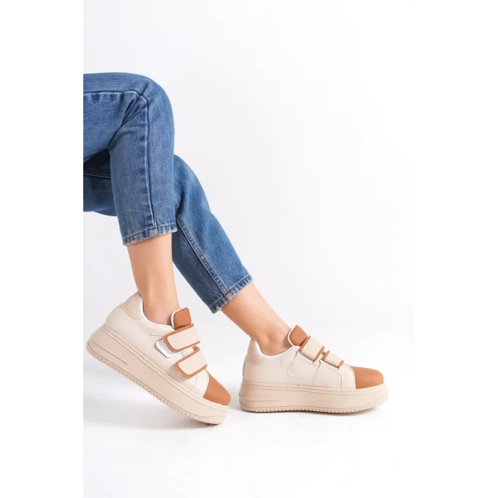 VALENCIA Bağcıksız Cırt Cırtlı Ortopedik Taban Kadın Sneaker Spor Ayakkabı TT - Ten/Kahve