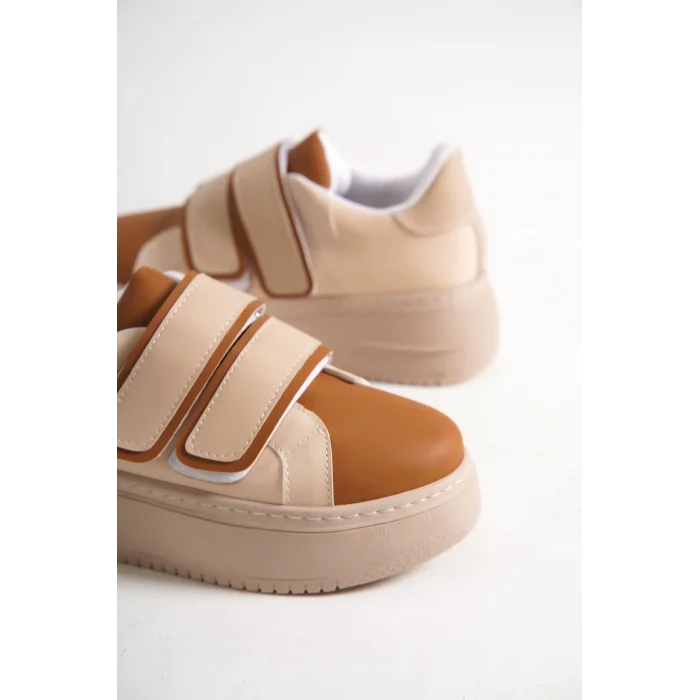 VALENCIA Bağcıksız Cırt Cırtlı Ortopedik Taban Kadın Sneaker Spor Ayakkabı TT - Ten/Kahve