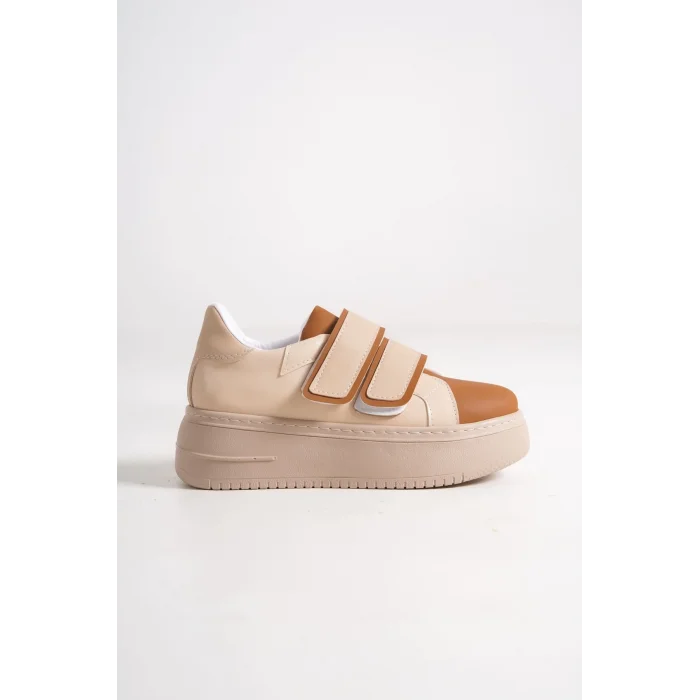 VALENCIA Bağcıksız Cırt Cırtlı Ortopedik Taban Kadın Sneaker Spor Ayakkabı TT - Ten/Kahve