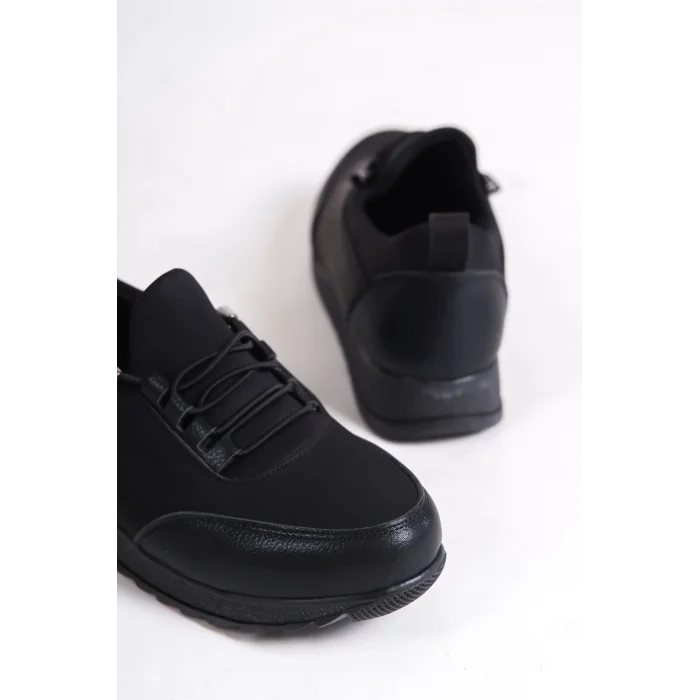 VIOLET Bağcıklı Lastikli Ortopedik Rahat Taban Cilt Detaylı Klasik Kadın Babet Anne Ayakkabısı ST - Siyah