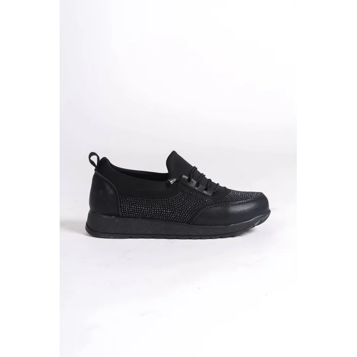 VIOLET Bağcıklı Lastikli Ortopedik Rahat Taban Taş Detaylı Klasik Kadın Babet Anne Ayakkabısı  ST - Siyah