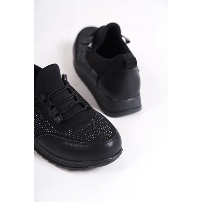 VIOLET Bağcıklı Lastikli Ortopedik Rahat Taban Taş Detaylı Klasik Kadın Babet Anne Ayakkabısı  ST - Siyah