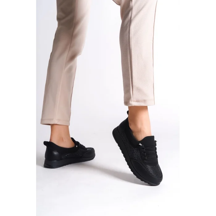 VIOLET Bağcıklı Lastikli Ortopedik Rahat Taban Taş Detaylı Klasik Kadın Babet Anne Ayakkabısı  ST - Siyah