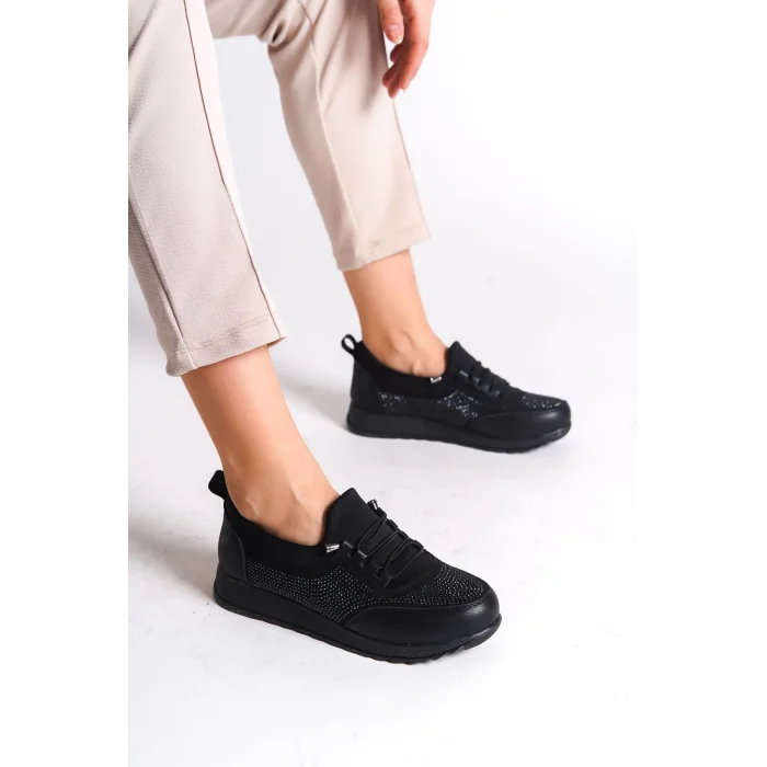 VIOLET Bağcıklı Lastikli Ortopedik Rahat Taban Taş Detaylı Klasik Kadın Babet Anne Ayakkabısı  ST - Siyah