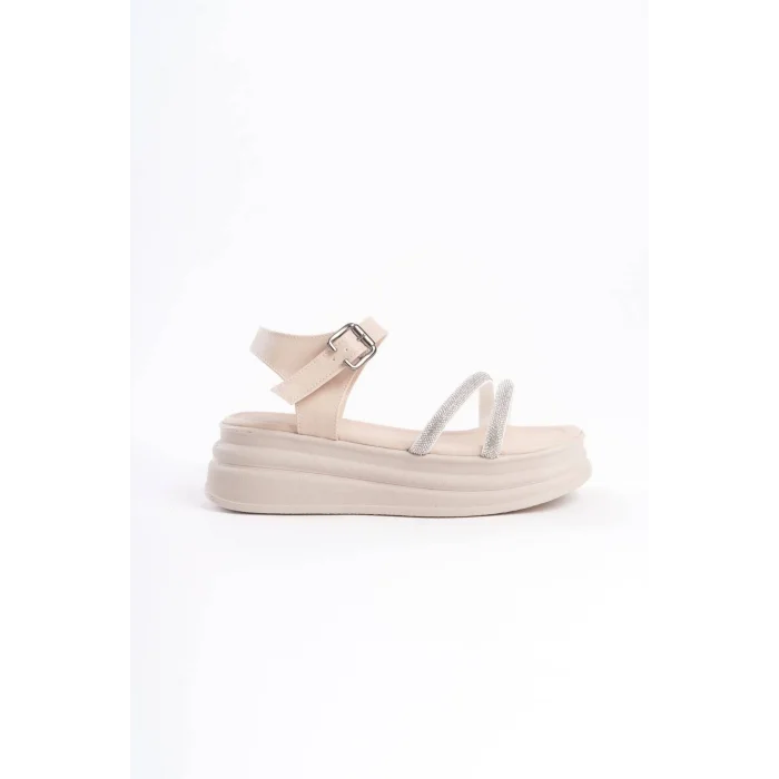 ZLOHE Kalın Tokalı Taşlı Şeritli Ortopedik Taban Kadın Sandalet  KT - Krem