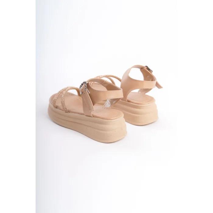 ZLOHE Kalın Tokalı Taşlı Şeritli Ortopedik Taban Kadın Sandalet TT - Ten