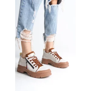 AGATHA Bağcıklı Fermuarlı Ortopedik Taban Kadın Sneaker Spor Ayakkabı  TT - Krem