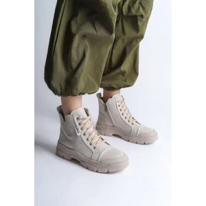 AMBER Bağcıklı Fermuarlı Ortopedik TabanKadın Bot  KT - Krem