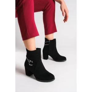 EDNA Fermuarlı Ortopedik Taban Taşlı Topuklu Süet Kadın Bot ST - Siyah