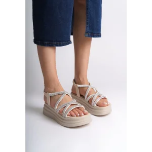 ELENA Lastikli Taşlı Şeritli Ortopedik Taban Kadın Sandalet  KT - Krem