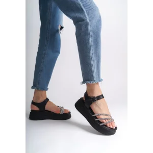 EVA Kalın Tokalı Taşlı Şeritli Ortopedik Taban Kadın Sandalet  ST - Siyah