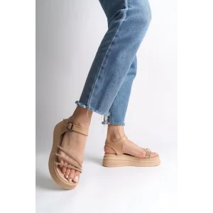 EVA Kalın Tokalı Taşlı Şeritli Ortopedik Taban Kadın Sandalet  TT - Ten