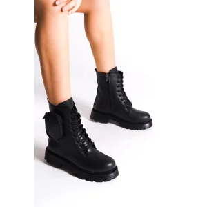 GINA Bağcıklı Fermuarlı Ortopedik Taban Çantalı Kadın Bot ST - Siyah