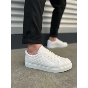 JY166 Prestige Bağcıklı Cilt Kapitone Desenli Erkek Günlük Sneaker Ayakkabı CBT - Beyaz
