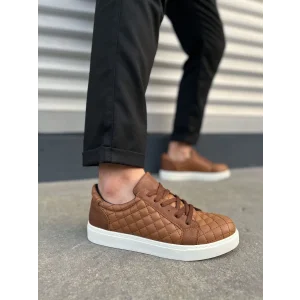 JY166 Prestige Bağcıklı Cilt Kapitone Desenli Erkek Günlük Sneaker Ayakkabı CBT - Taba