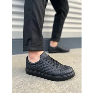 JY166 Prestige Bağcıklı Cilt Kapitone Desenli Erkek Günlük Sneaker Ayakkabı CST - Siyah