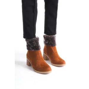 KATYA Fermuarlı Ortopedik Taban Topuklu Kürk Detaylı Süet Kadın Bot  TT - Taba